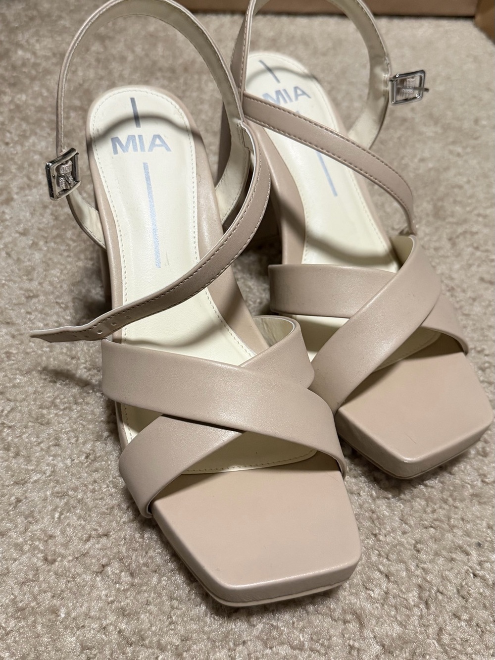 MIA Nude Crisscross Block Heel Sandals